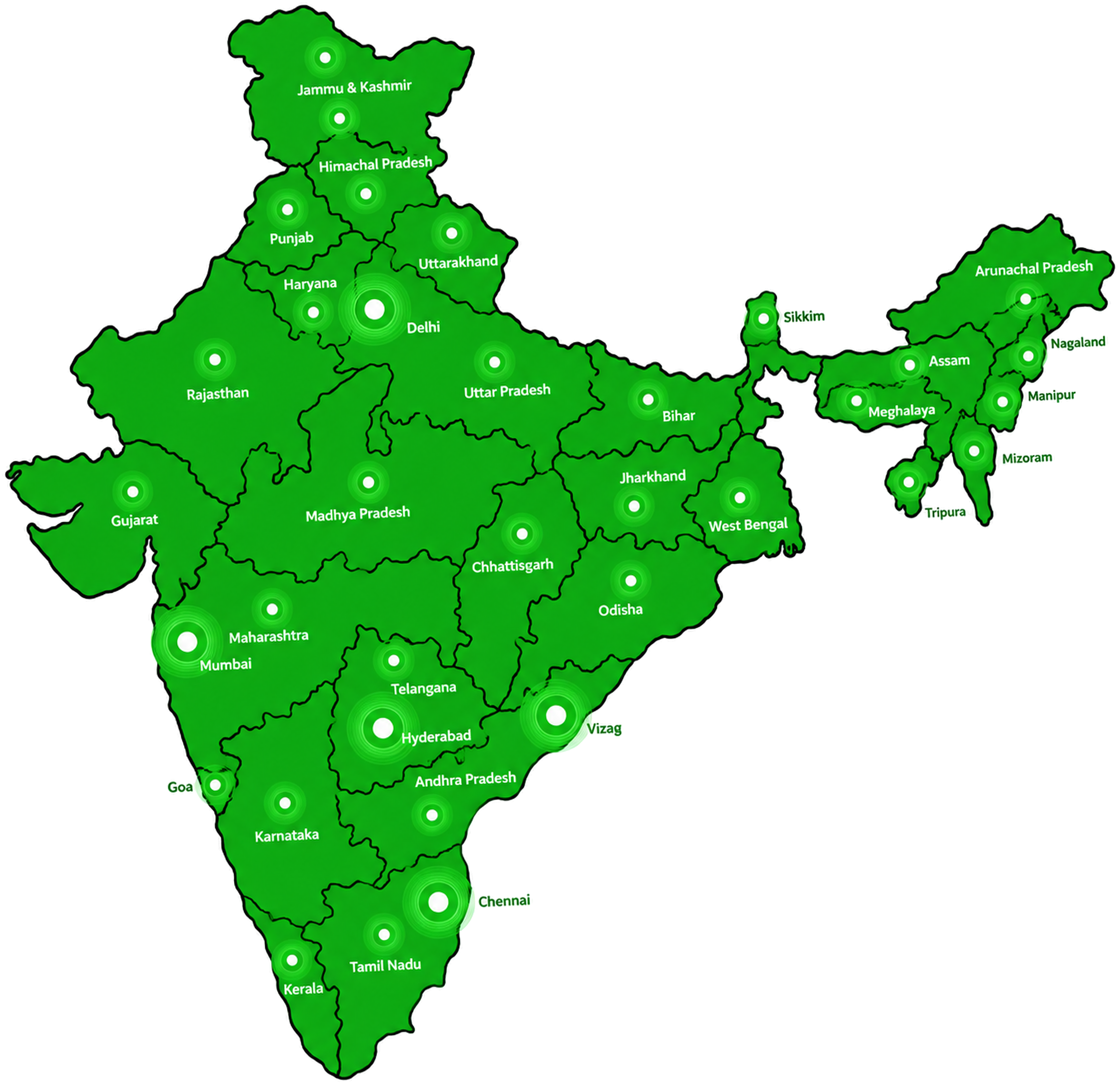Green India map with state and major-city ripple markers
